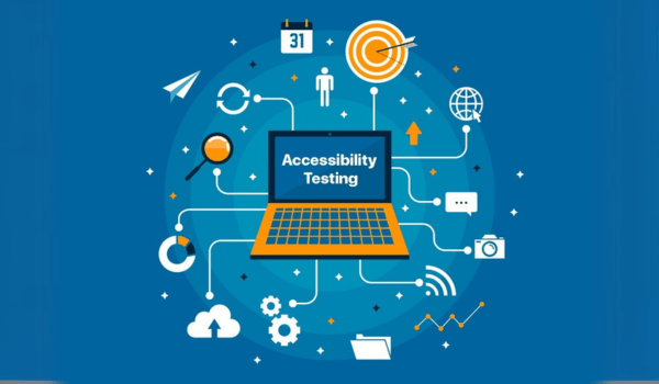 Magnifying glass over monitor in an Automated Accessibility Testing scenario
